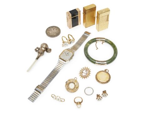 A collection of jewellery  to include a green hardstone set bangle, a seed pearl set brooch; various cultured pearl set piece