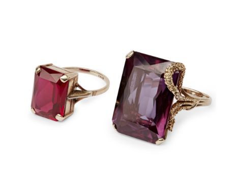 Two gem set cocktail rings  to include a synthetic ruby set cocktail ring, shank stamped T&Co; together with a 9ct gold synth