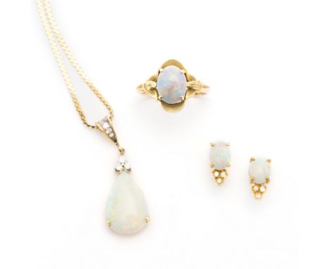A collection of opal jewellery  to include an oval opal set ring with foliate detail to shoulders, stamped 18k; a pair of opa