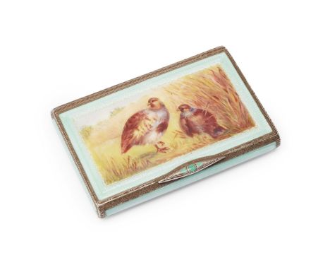 An 1920s silver and enamel snuff box  of rectangular form, the lid with enamelled scene of nesting grouse in a border of mint