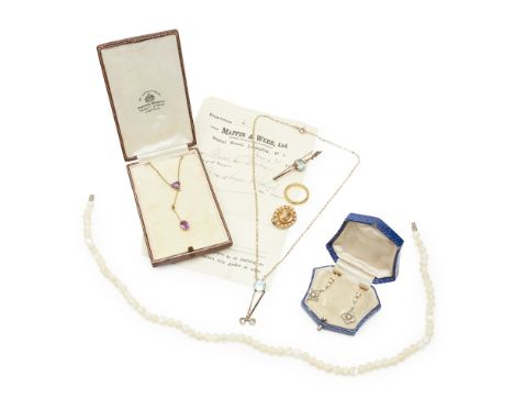 A collection of jewellery  to include an amethyst and seed pearl set pendant necklace, another similar set with aquamarine; a