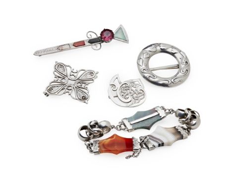 A collection of Scottish jewellery  to include three Ola Gorrie brooches, each of pierced Celtic design; a Scottish agate set