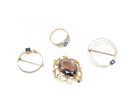 A collection of gem set jewellery  to include an 18ct gold sapphire and diamond set three stone ring, a circular sapphire set