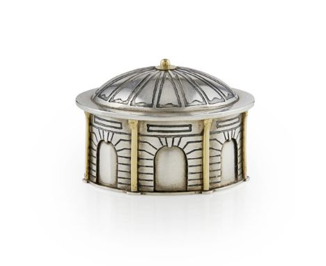 A contemporary trinket box  Vicki Ambery-Smith, London 1994, modelled as a rotunda, gilt detail to finial and columns, gilt i