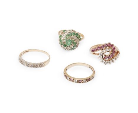 A collection of four gem set rings  to include a 9ct gold emerald and diamond set cluster ring, a 9ct gold ruby and white sap