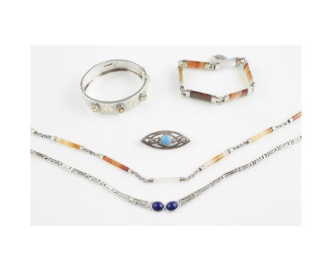 A collection of Scottish jewellery  to include a necklace set with banded agate batons, stamped 925, an agate set bracelet in