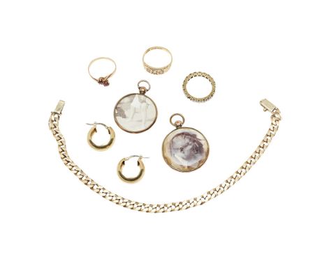 A collection of jewellery  to include an 18ct three stone diamond ring, a curb link bracelet, stamped 585; a pair of hoop ear