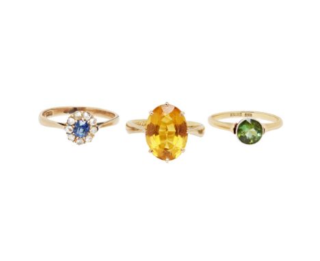 A collection of three gem set rings  to include a sapphire and rose cut diamond set cluster ring, stamped 9ct; an 18ct gold c