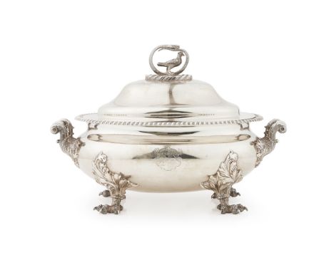 A William IV tureen and cover  Henry Wilkinson & Co, Sheffield 1836, of oval outline, armorial to front, cast shell and folia