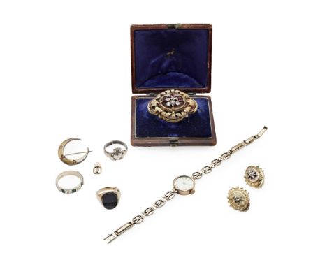 A collection of jewellery  to include a pair of Victorian diamond set earrings, a Victorian multi-gem set brooch; a gentleman