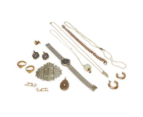 A collection of jewellery and watches  to include a 9ct gold curb link bracelet, a 9ct gold diamond set pendant and belcher l