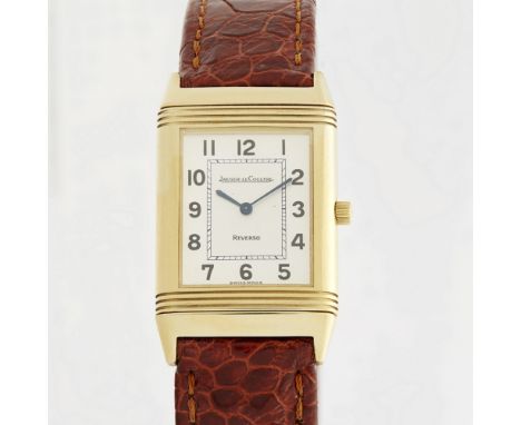 JAEGER Le COULTRE - A gentleman's 18ct gold wrist watch  Reverso, silvered chapter ring with Arabic numerals, brushed effect 