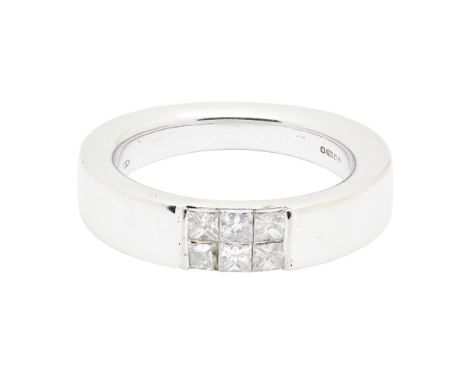 A contemporary diamond set ring, Mappin & Webb  channel set with two rows of three princess cut diamonds, to a plain 18ct whi