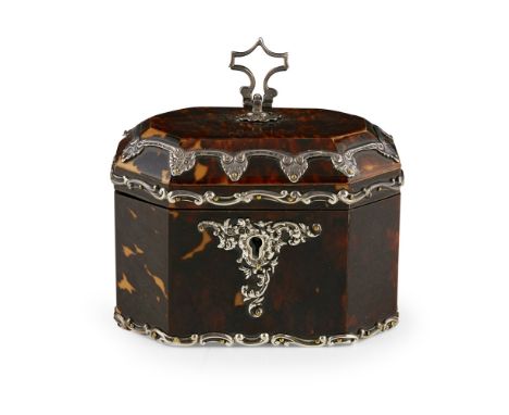 An Edwardian silver mounted tortoiseshell small tea caddy  Martin Hall and Co. Sheffield 1913, of canted rectangular form, an