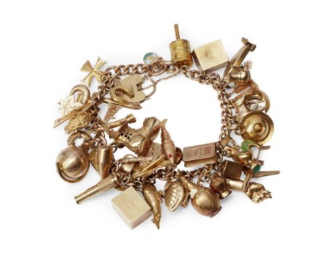 A large charm bracelet  composed of a 9ct gold curb link bracelet with padlock clasp suspending various charms including a ch