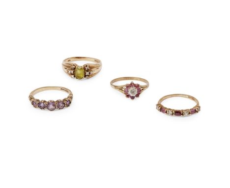 A collection of four gem set rings  to include a 9ct gold ruby and diamond set cluster ring, a 9ct gold amethyst set ring; a 