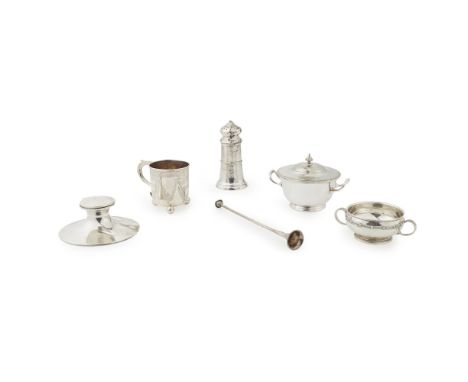 A collection of silver  to include; a large caster, Sandheim Brothers, London 1912, of tapered form and planished finish, a c