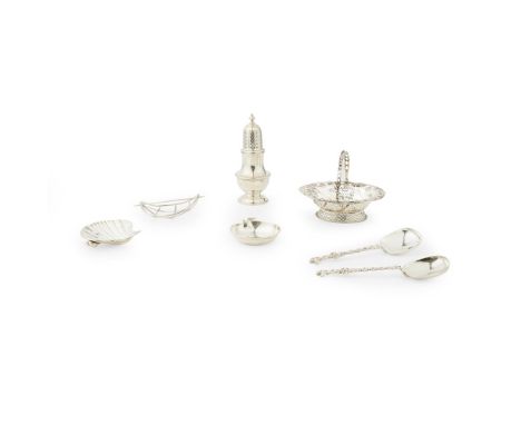 A 1980s hair pin  Eric Smith, Edinburgh, of open basket weave design with textured pin; together with a sugar caster, Edward 