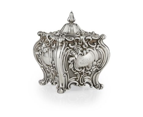 An early Victorian tea caddy  Robinson, Edkins & Aston, Birmingham 1841, of bombe form with scroll details to corners, with f