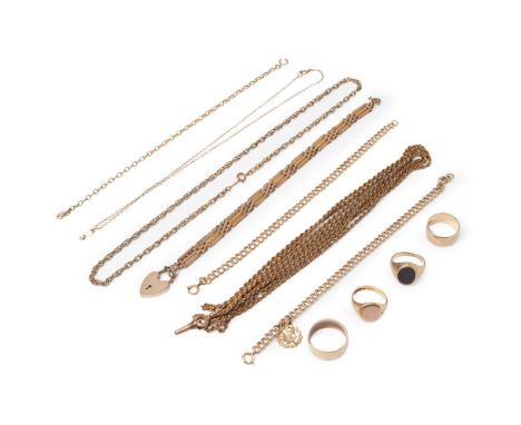 A collection of 9ct gold jewellery  to include two gentleman's signet rings, one with onyx matrix; two wedding bands, and a b