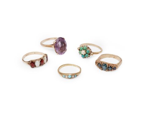 A collection of five gem set rings  to include a 9ct gold amethyst set ring, a 9ct gold opal and garnet set ring; a 9ct gold 