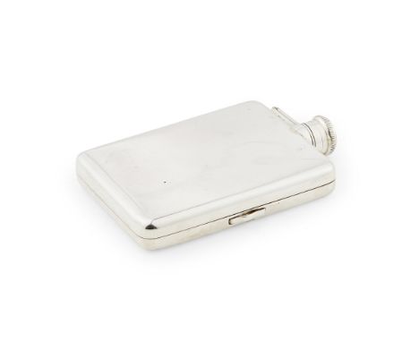 A modern hip flask with cigarette case  Collingwood & Co, London 1934, of rectangular form, rounded edges, gilt interior, spl