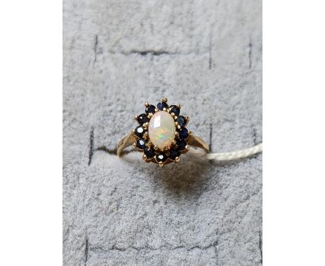 Ladies 9ct Gold Opal and Sapphire Set cluster ring 2.2g total weight Size M 