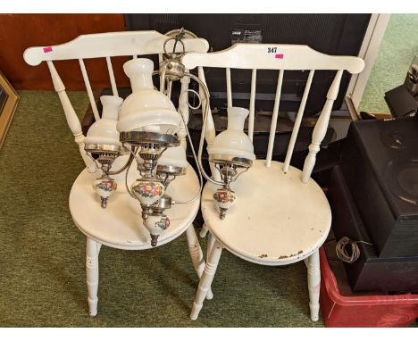 Pair of White painted ibex chairs and a Ceiling light 