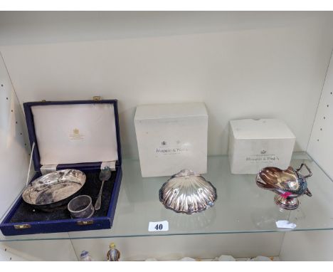 Collection of Boxed Mappin &amp; Webb Silver plated table ware inc. Christening Set, Scallop butter dish and a Helmet Sucrier