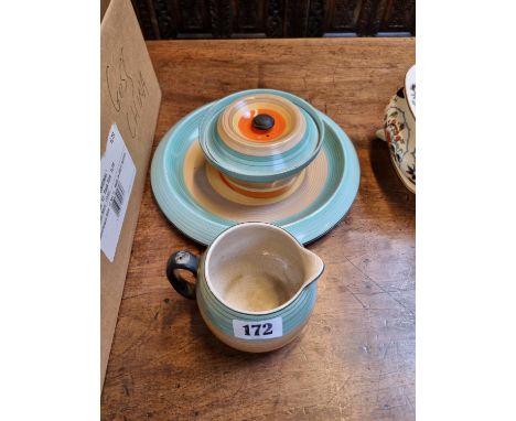 3 Piece of unmarked Art Deco Banded Pottery in the manner of Grays 