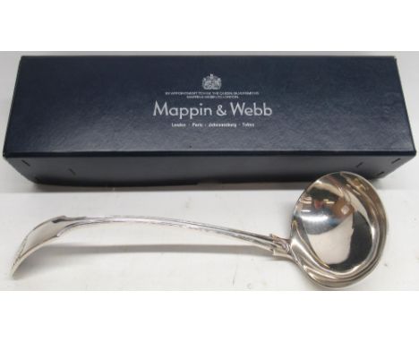 Large Edwardian silver Fiddle, thread &amp; shell pattern soup ladle, makers mark unclear, London 1900, L30cm 10.84ozt, in Ma