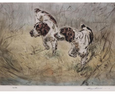 Henry Wilkinson (British 1921-2011); Pair of Spaniels at work, ltd.ed coloured etching, numbered and signed in pencil 39/150,