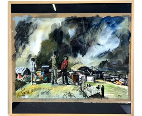 Lucy M Hainsworth (British Contemporary); 'The Destruction of "The Jungle"', watercolour and pastel, signed, 51cm x 57cm x 75
