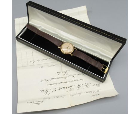 1950's Jaeger-LeCoultre 9ct gold wristwatch, signed parchment coloured dial, applied Arabic indices, centre seconds, tear dro