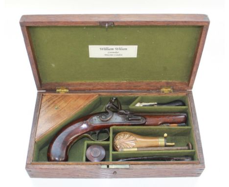 William Wilson  of London 22 bore Flintlock pistol, engraved lock plate, brass trigger guard, engraved barrel with proof mark