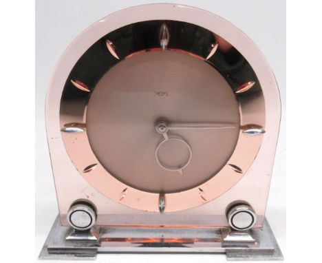 Smiths Art Deco pink glass and chrome arched top mantel clock, signed circular dial with baton numerals and circular hour han
