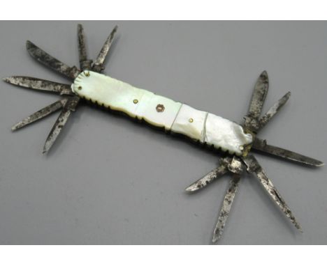 Rodgers of Sheffield salesman's pocket knife, mother of pearl scales with twelve various steel sample blades, stamped 'Rodger