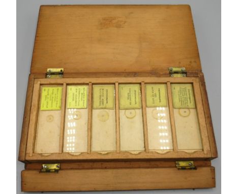 Victorian microscope slide storage box, four lift out trays, containing a quantity of microphotograph slides, specimen slides