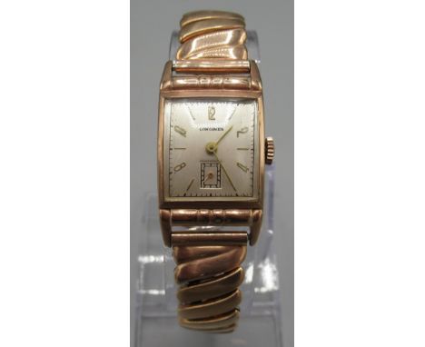 Longines rose gold filled wristwatch, signed convex silvered dial, Arabic and stick indices, subsidiary seconds, signed snap 