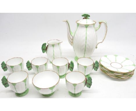 Aynsley Art Deco butterfly and leaf-moulded porcelain coffee service, pattern B1322, comprising six cups, six saucers, creame
