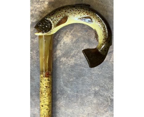 Craftsman made stick, horn handle shaped and painted as a Rainbow Trout, L115cm, another stick with shaped horn handle' L128c