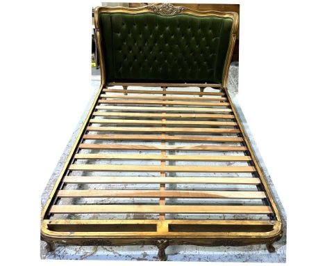 French Rococo style gilt framed bedstead, curved button upholstered headboard with serpentine top rail and floral cresting, W