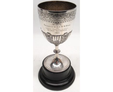 Victorian silver trophy goblet, part lobed and acanthus cast body engraved 'M.Y.C, Presented by Sir W. W, Wynn To Arthur Edwa