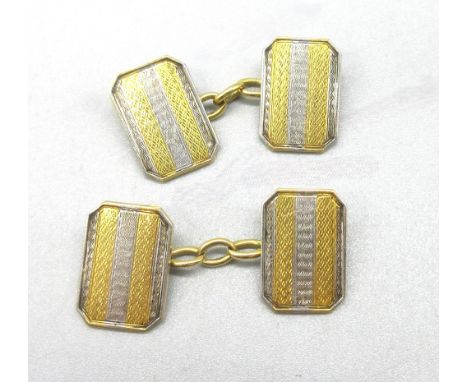 18ct yellow gold and platinum cufflinks with squared corners and engine turned detail, stamped 18ct &amp; PT, 8.50g 