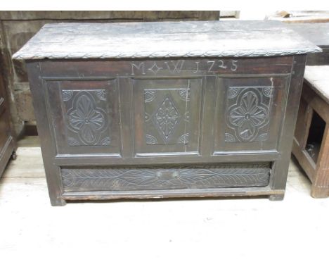 Victor Brox Collection - 18th century and later oak mule chest, split pin hinged planked lid with carved edge above three pan