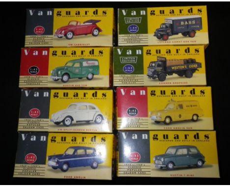 VANGUARDS: A COLLECTION OF 1:43 SCALE MODEL VINTAGE VEHICLES, to include a Ford Anglia and a 'Bass' Leyland Comet Box van (al