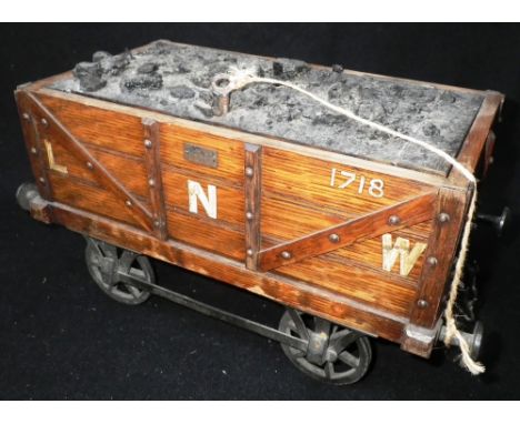 RAILWAY INTEREST: A 19TH CENTURY CIGARETTE/CIGAR BOX IN THE FORM OF A 'L.N.W.' COAL WAGON. In light oak with iron wheels and 