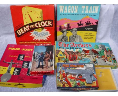 A COLLECTION OF VINTAGE 1950S'1960S TV RELATED CHILDREN'S TOYS to include: 'Wagon Train' board game, 'Beat the Clock', 'The A