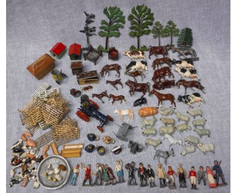 BRITAINS: A COLLECTION OF EARLY 20TH CENTURY PAINTED WHITE METAL 'FARMYARD' ANIMALS, FIGURES AND BUILDINGS, to include a blue