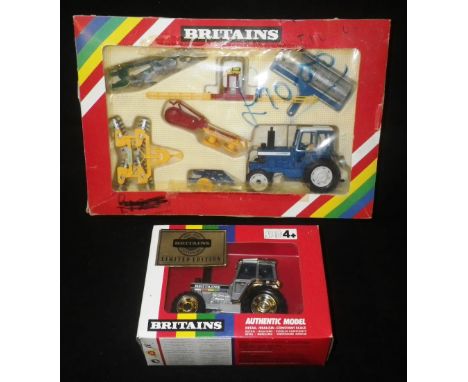 BRITAINS: TRACTOR WITH IMPLEMENTS (model 9595) (boxed) and a limited edition tractor, 1993, (model 5892) (boxed) Condition:  